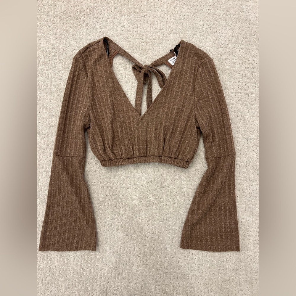 Somedays Lovin Tan Long Sleeve Open Back Cropped Shirt Top